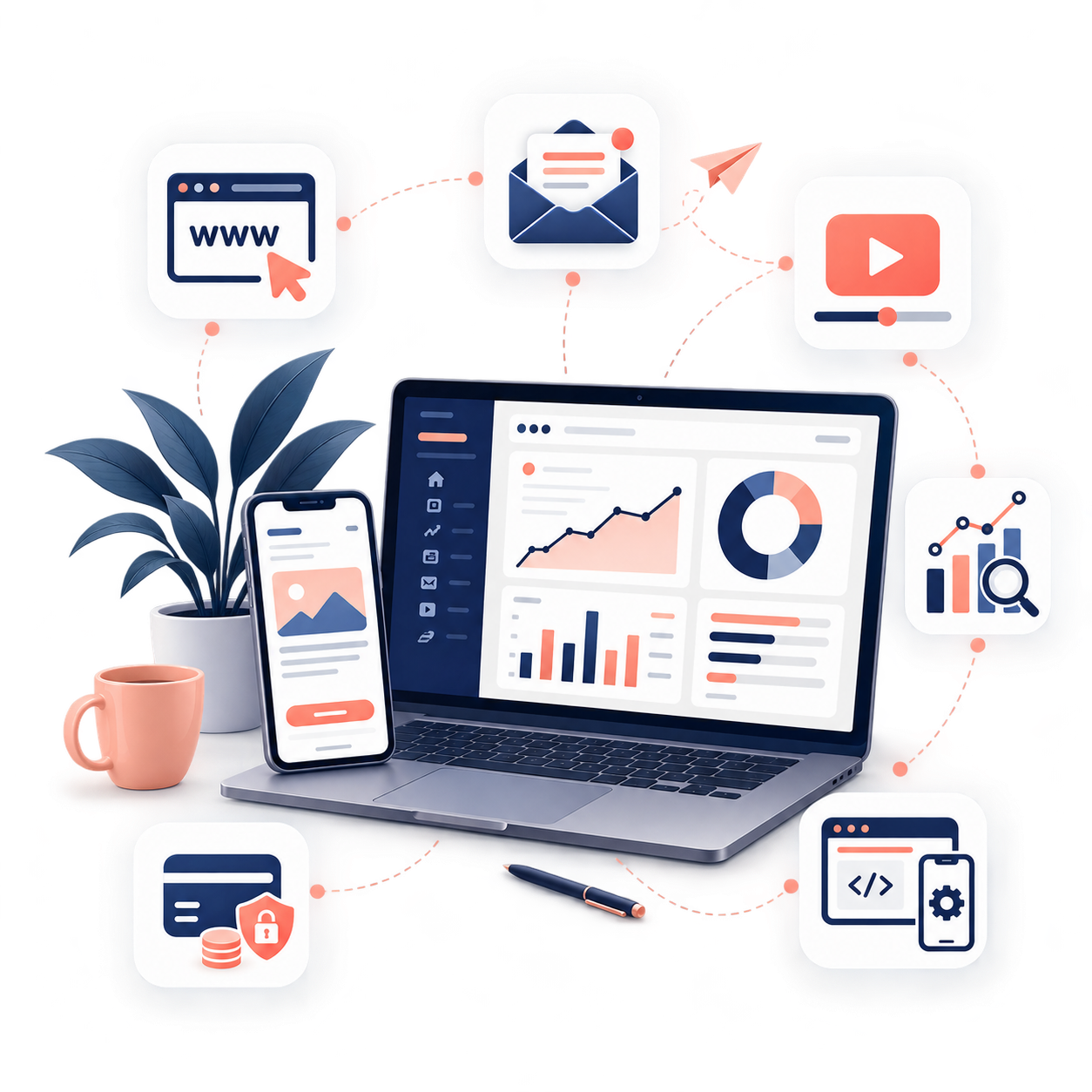 Illustration d'un écosystème numérique complet : site web, newsletter, YouTube, analytics, paiements et outils métier connectés
